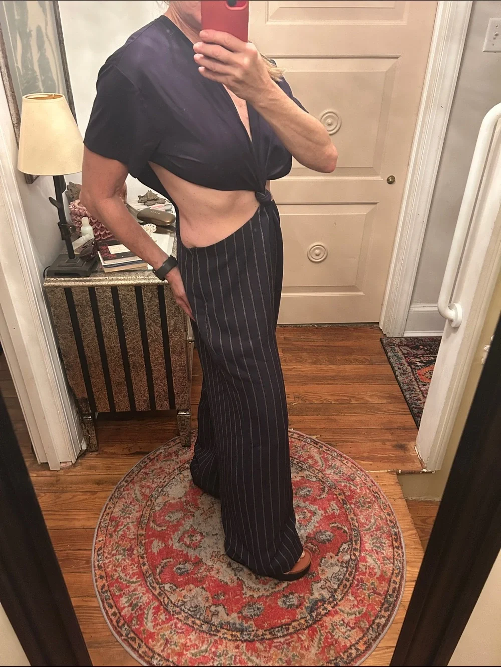 RARE!! DION LEE sz 6? Navy Pinstripe wide leg Cutout Jumpsuit with Front Knot_5